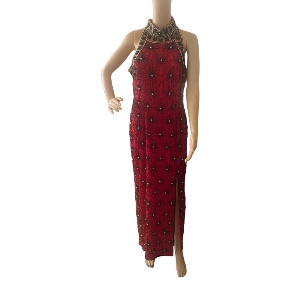 Vtg Papell Boutique Evening Dress Women 12 Pet Red Beaded Silk Maxi Thigh Slit